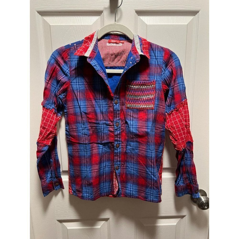 Oilily | Long‎ Sleeve Button Down Red Blue Plaid Check Mixed Media Sz 152/12